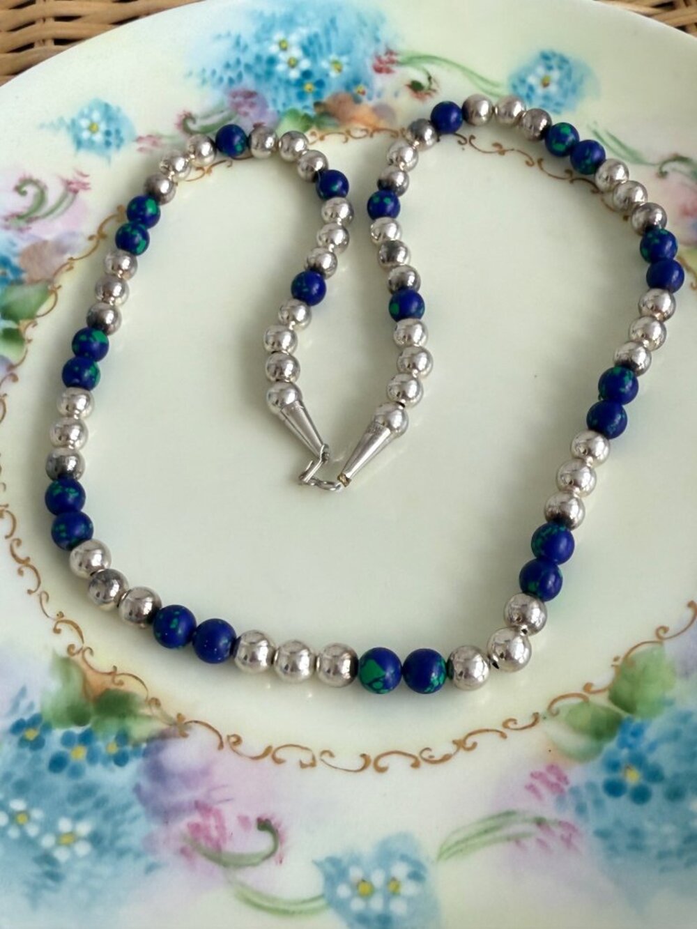 Vintage 70's Sterling Auzurite Beaded Southwest Style Necklace 24"